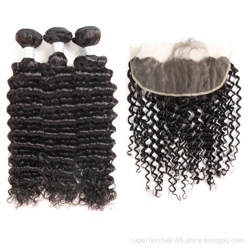 100% Pure Unprocessed Brazilian Remy Virgin Human Hair  Deep Wave Bundles Deals With Frontal Silk Base Lace Top Closure